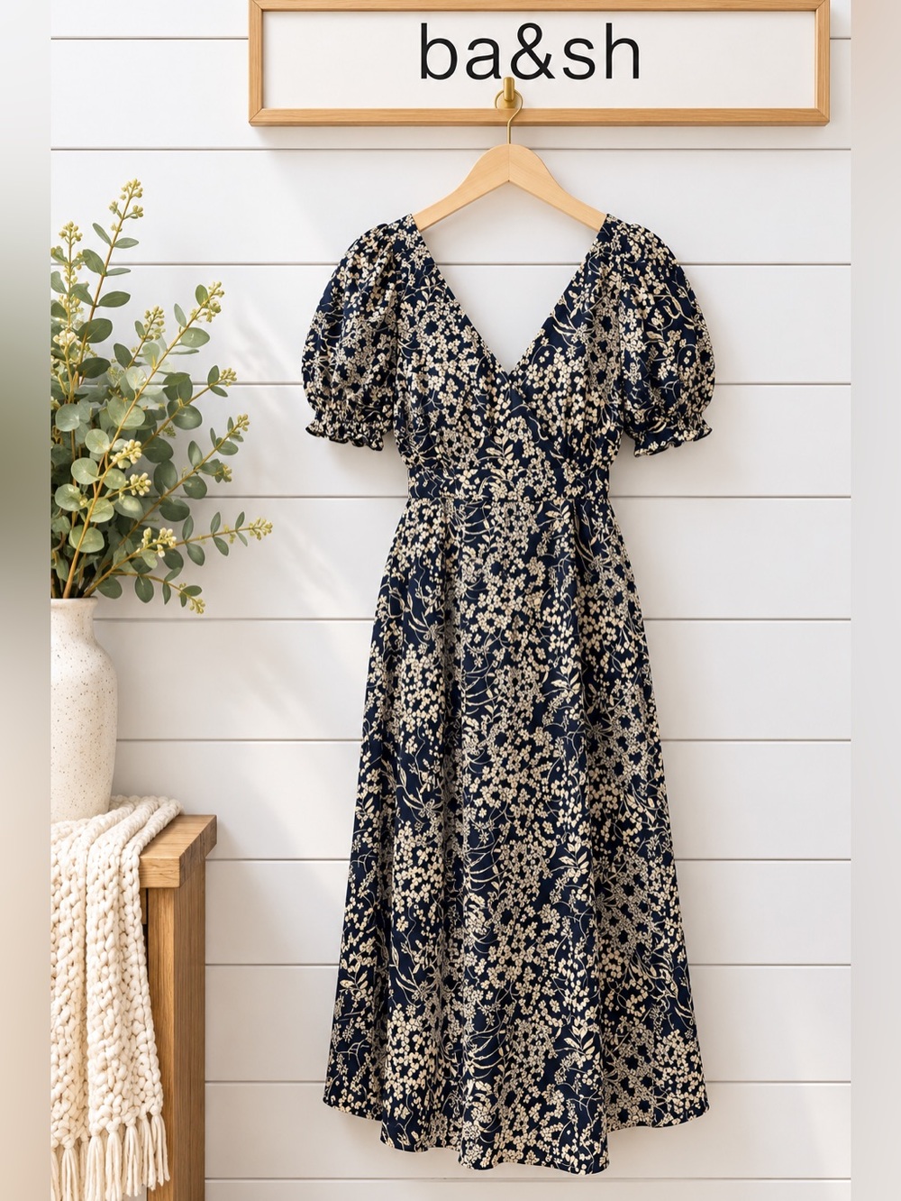 ba&sh Navy Blue Floral Midi Dress – Size 1 / S